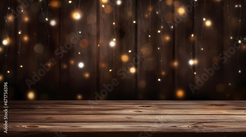 Rustic Table with Bokeh Lights Background