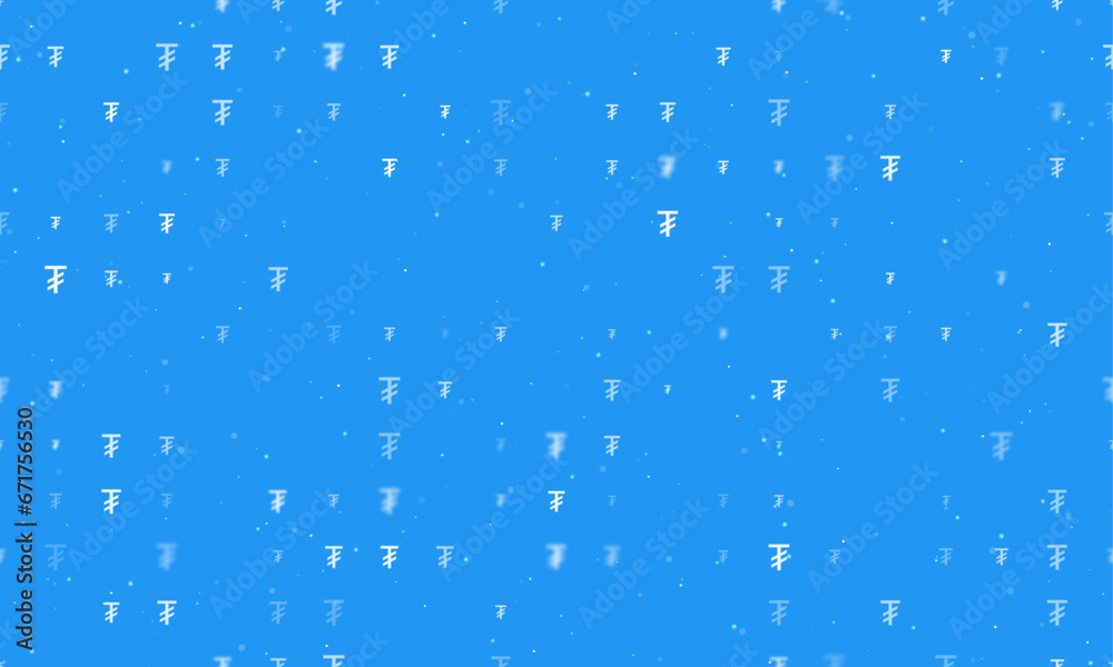 Seamless background pattern of evenly spaced white tugrik symbols of different sizes and opacity. Vector illustration on blue background with stars