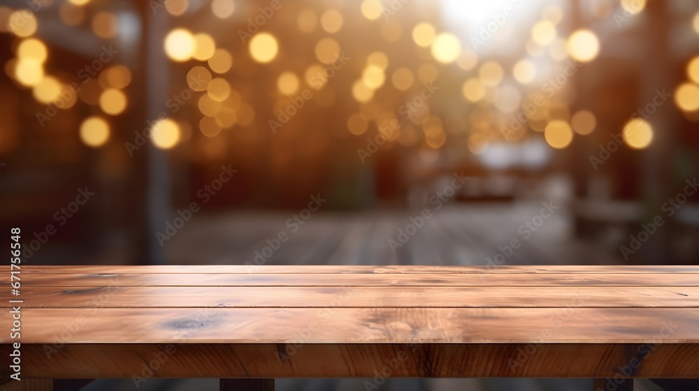 Rustic Wooden Table with Blurry Lights Background