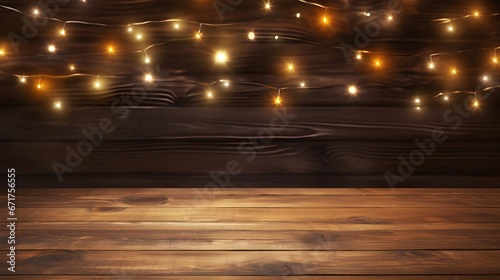 Rustic Wooden Table with Blurry Lights Background