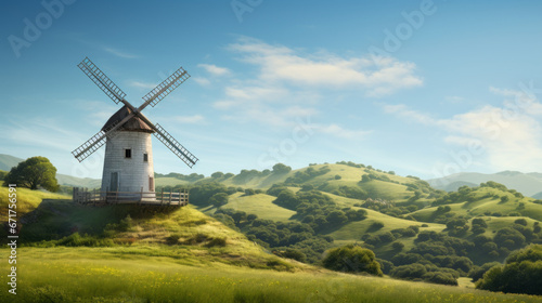An old-fashioned windmill, standing proud against a backdrop of rolling hills and lush meadows  photo