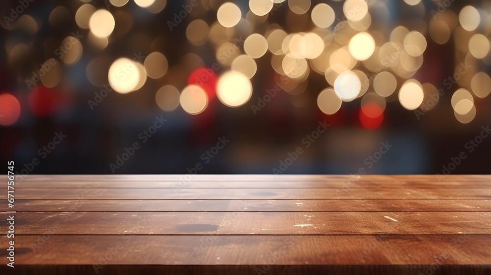 Rustic Wooden Table with Blurry Lights Background