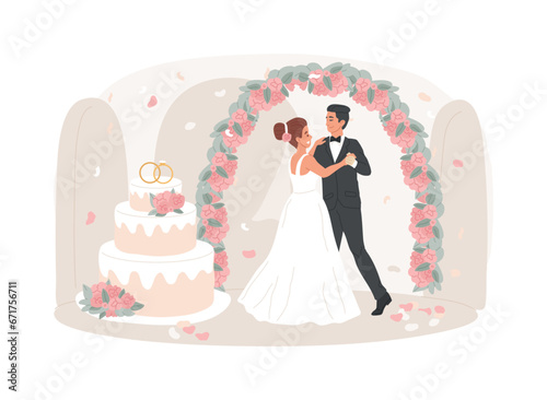 Wedding party isolated concept vector illustration. Wedding planning service, marriage party idea, bride and bridesmaid dress, venue decoration, bouquet design, menu and bar vector concept.
