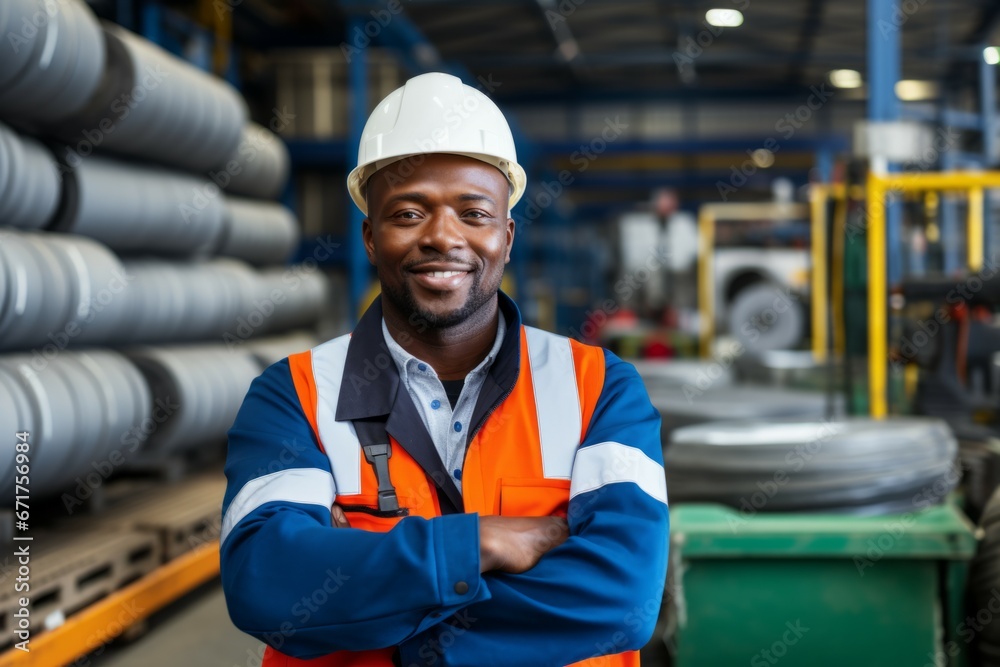 A modern large factory with containers in the background, one worker with a hard hat on their head with his arms folded confidently looking at us and smiling A modern large factory with containers in the background, one worker with a hard hat on their head with his arms folded confidently looking at us and smiling