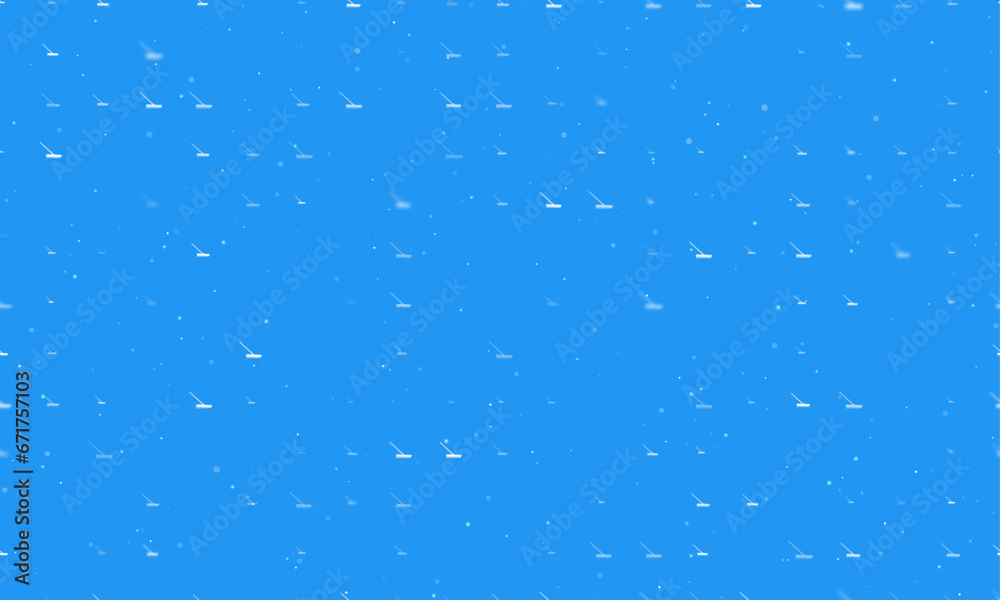 Seamless background pattern of evenly spaced white rake symbols of different sizes and opacity. Vector illustration on blue background with stars