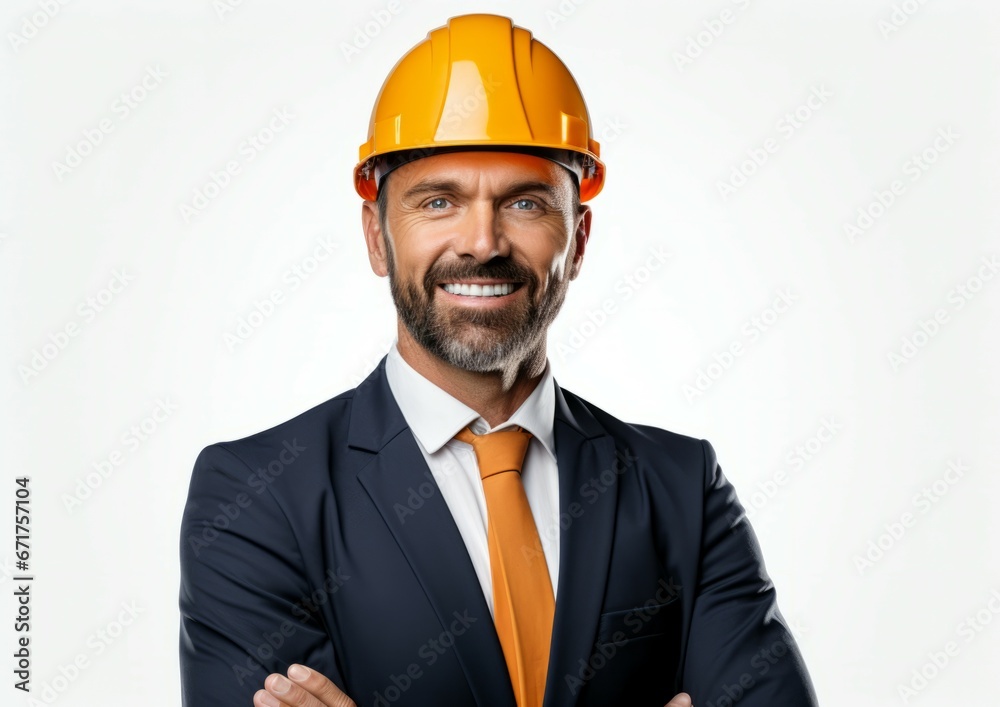 A worker with a hard hat on their head with his arms folded confidently looking at us and smiling on white isolated background A worker with a hard hat on their head with his arms folded confidently looking at us and smiling on white isolated background