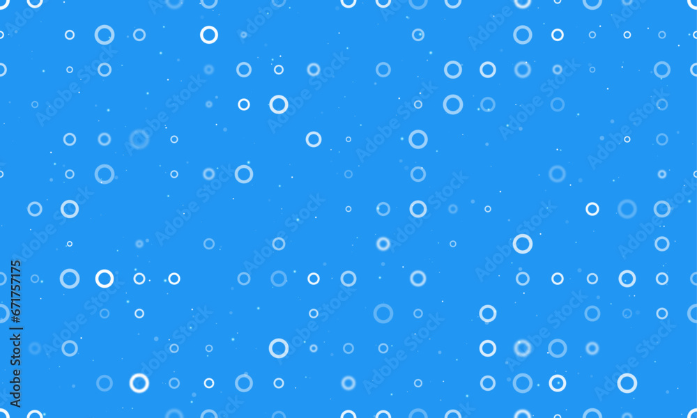 Seamless background pattern of evenly spaced white circle symbols of different sizes and opacity. Vector illustration on blue background with stars