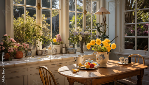 Sunlit cozy kitchen nook showcasing fresh oranges, vibrant plants, and vintage ceramics against a backdrop of ornate tiles.