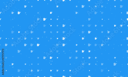 Seamless background pattern of evenly spaced white palette symbols of different sizes and opacity. Vector illustration on blue background with stars