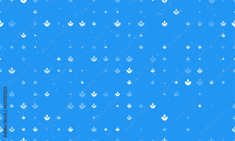 Seamless background pattern of evenly spaced white water lily symbols of different sizes and opacity. Vector illustration on blue background with stars Seamless background pattern of evenly spaced white water lily symbols of different sizes and opacity. Vector illustration on blue background with stars