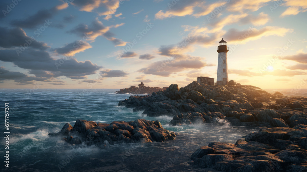 An old-fashioned lighthouse stands tall and proud on the rocky shoreline, overlooking the vast ocean The sky is a deep, brilliant blue, and the sun is setting in the distance