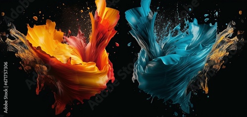 AI generated illustration of two sprays of different colored liquids intersecting in mid-air photo