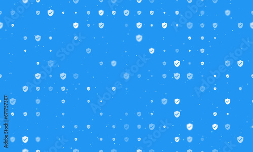 Seamless background pattern of evenly spaced white protection mark symbols of different sizes and opacity. Vector illustration on blue background with stars