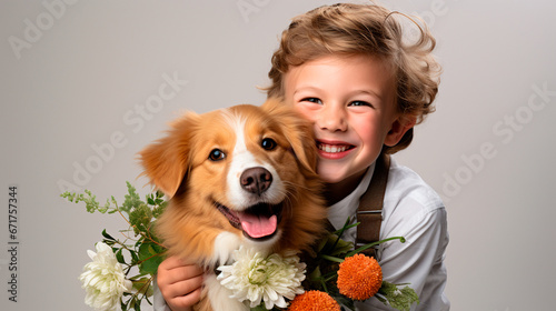niño sonriente y feliz abrazando a un perro golden retriever  con flores en un fondo blanco  photo