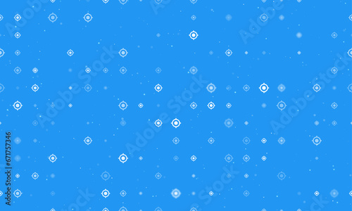Seamless background pattern of evenly spaced white crosshair symbols of different sizes and opacity. Vector illustration on blue background with stars