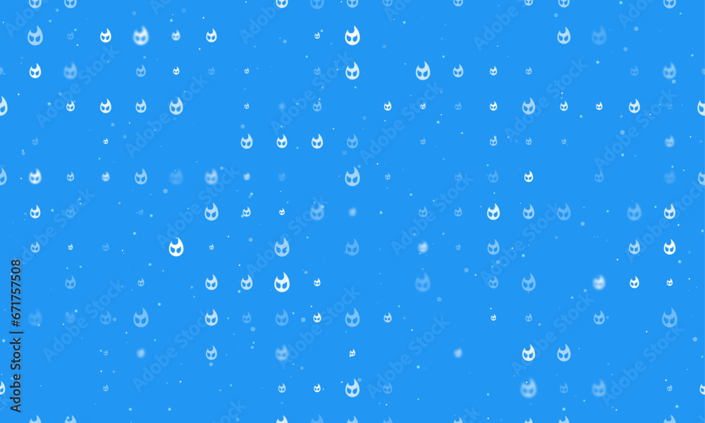 Seamless background pattern of evenly spaced white fire symbols of different sizes and opacity. Vector illustration on blue background with stars