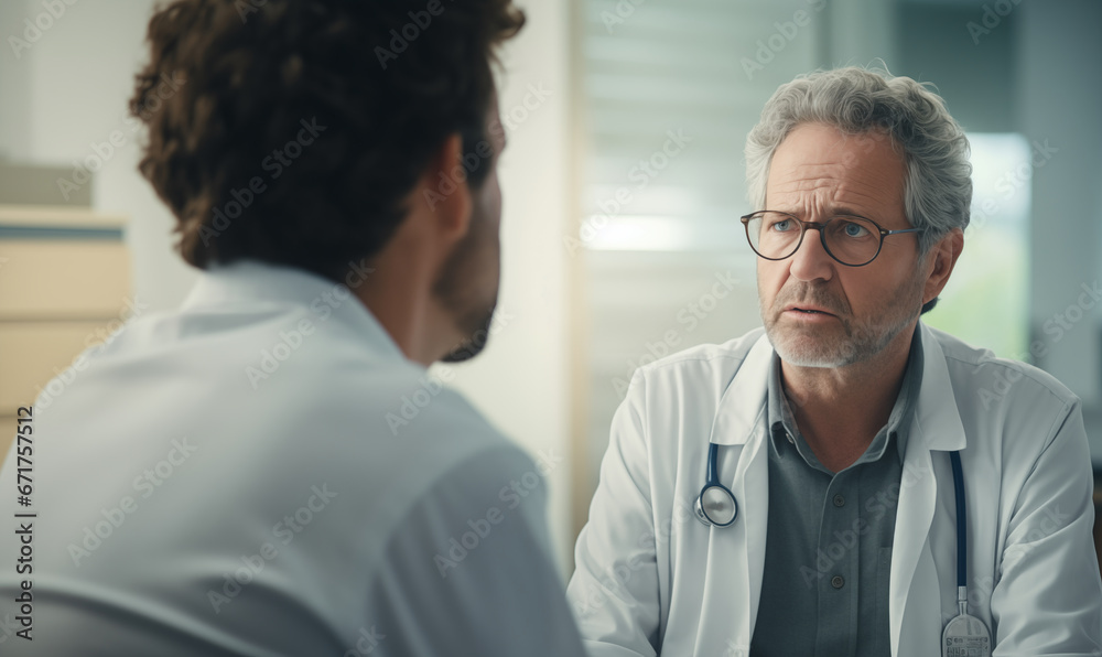 Focused mature doctor with glasses and a white coat attentively listens to a patient in a well-lit clinical office. Focused mature doctor with glasses and a white coat attentively listens to a patient in a well-lit clinical office.