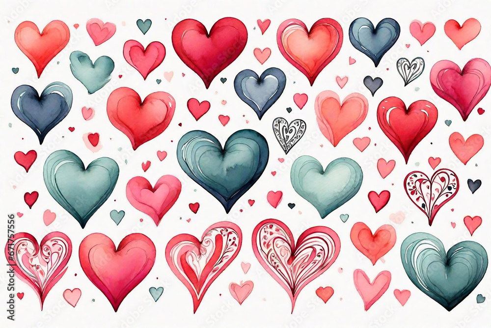 Hand drawn watercolor hearts. Valentines day background. Vector illustration.