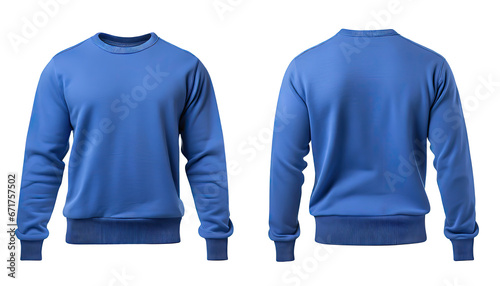 front and back view of blue sweatshirt templates. Pullovers with long sleeves, mockups for design and print, isolated on a transparent background with clipping path.