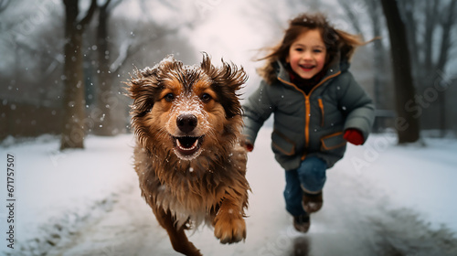 perro golden retriever y una niña feliz jugando y corriendo en la nieve hacia la cámara  photo