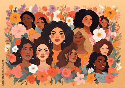 Vector illustration of women of different races and nationalities, stickers and patches of flowers, female power and feminism for a greeting card and background