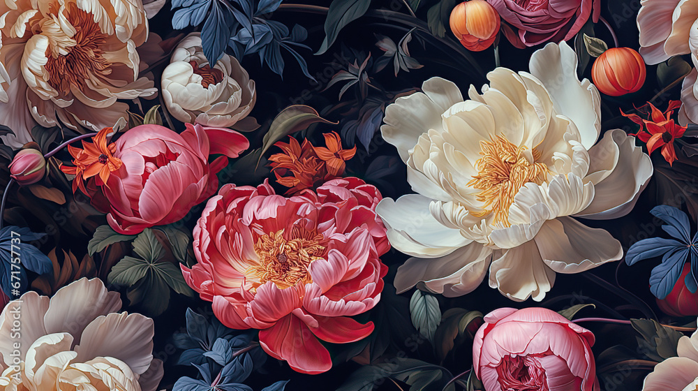 Seamless background of peony by antique style.