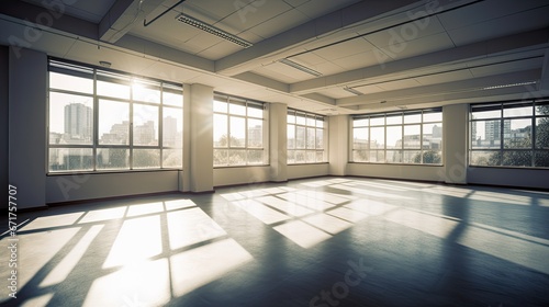 Empty office room with sunlight streaming through large windows  corporate office blank space image