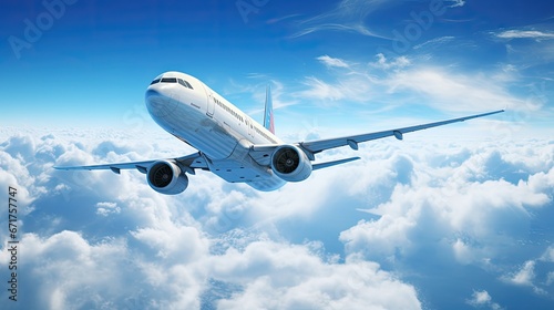 Airplane flying on clouds in blue sky high detailed image  Airplane in blue sky