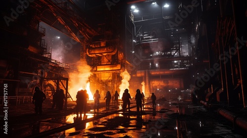 A large steel mill with molten metal flowing through channels  workers in protective gear overseeing operations.