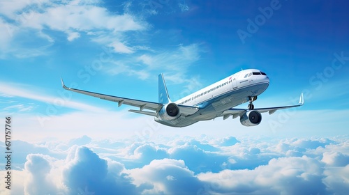 Airplane flying on clouds in blue sky high detailed image, Airplane in blue sky