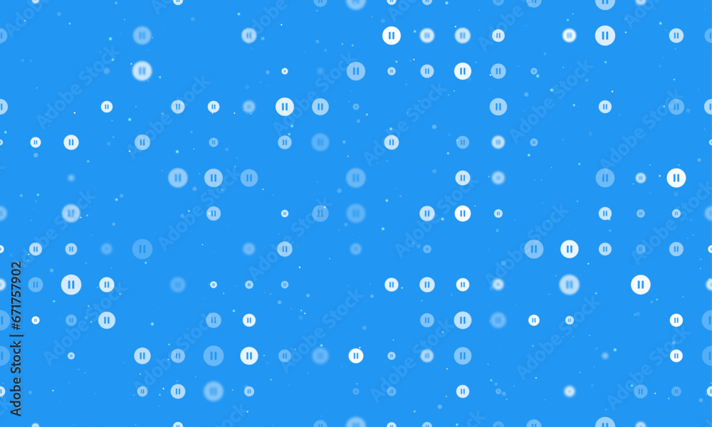 Seamless background pattern of evenly spaced white pause symbols of different sizes and opacity. Vector illustration on blue background with stars