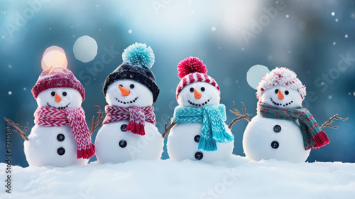 Winter holiday christmas background banner - Group of cute funny laughing snowman with wool hat and scarf, on snowy snow © Prime Lens