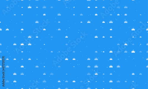 Seamless background pattern of evenly spaced white crown symbols of different sizes and opacity. Vector illustration on blue background with stars