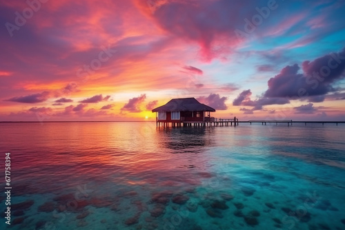 AI-generated illustration of a wooden beach hut perched in the water against a stunning sunset.
