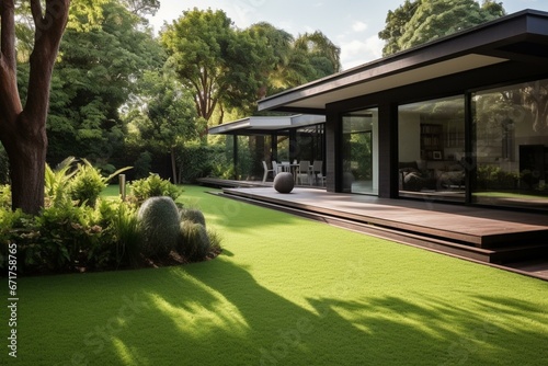 Contemporary dwelling - outdoor area featuring grassy garden. Generative AI
