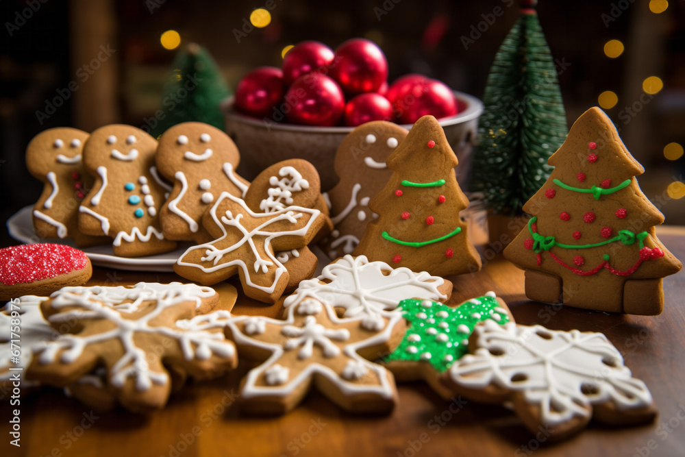 Holiday Baking: An assortment of freshly baked Christmas cookies and gingerbread houses, showcasing the joy of holiday baking