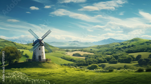 Valokuva An old-fashioned windmill, standing proud against a backdrop of rolling hills an