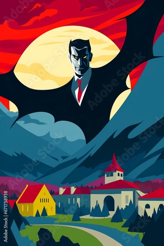 A Painting of Dracula Flying Over a House, In The Style of Poster Art. - A.I Generated Illustration. photo