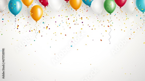 Birthday wish balloons and confetti with white background, Birthday celebration white background with balloons and confetti photo
