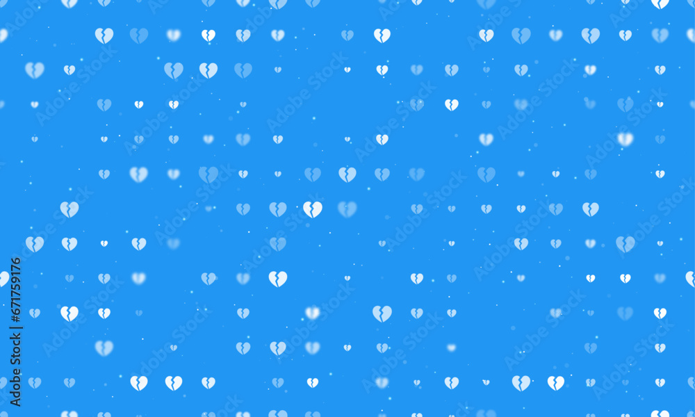 Seamless background pattern of evenly spaced white broken heart symbols of different sizes and opacity. Vector illustration on blue background with stars