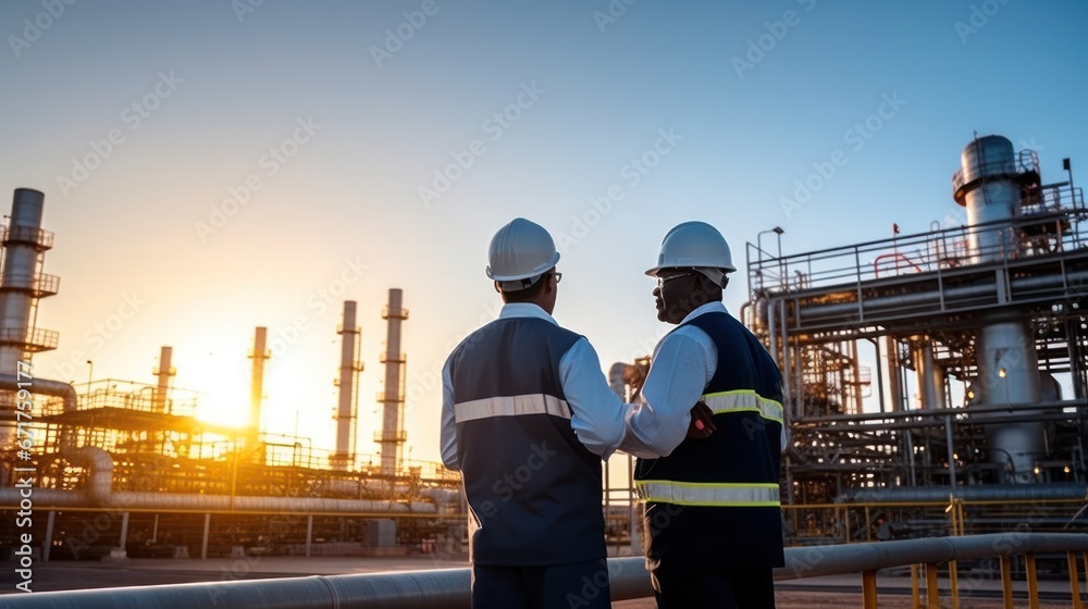 Two engineer working and discuss at oil and gas plant. Refinery plant. Equipment steel pipes. Industry and factory Two engineer working and discuss at oil and gas plant. Refinery plant. Equipment steel pipes. Industry and factory