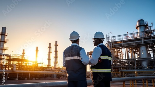 Two engineer working and discuss at oil and gas plant. Refinery plant. Equipment steel pipes. Industry and factory