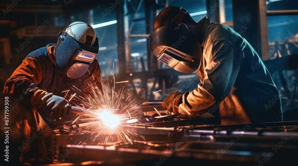 Two Metal welder working with arc welding at Industrial workshop Two Metal welder working with arc welding at Industrial workshop