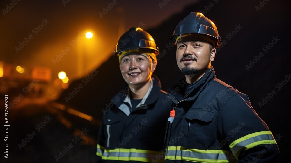 Fototapeta premium Two mine workers wearing hardhats standing in a mine