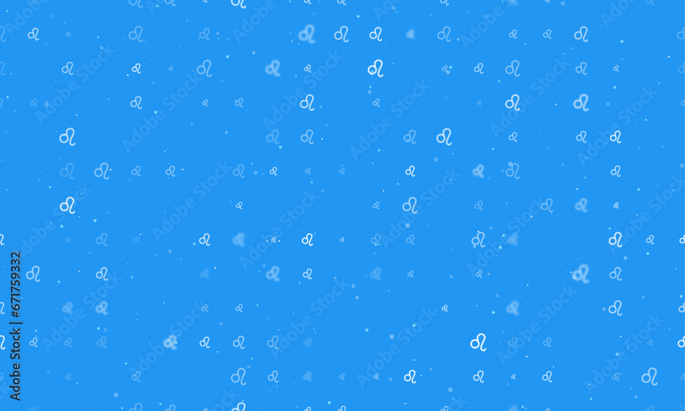 Seamless background pattern of evenly spaced white zodiac leo symbols of different sizes and opacity. Vector illustration on blue background with stars Seamless background pattern of evenly spaced white zodiac leo symbols of different sizes and opacity. Vector illustration on blue background with stars