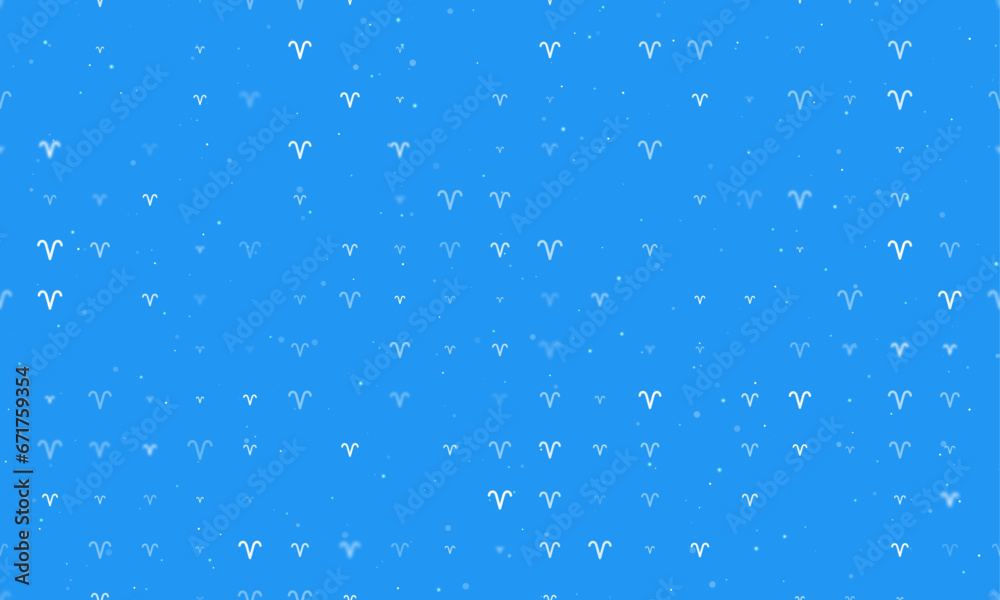 Seamless background pattern of evenly spaced white zodiac aries symbols of different sizes and opacity. Vector illustration on blue background with stars Seamless background pattern of evenly spaced white zodiac aries symbols of different sizes and opacity. Vector illustration on blue background with stars