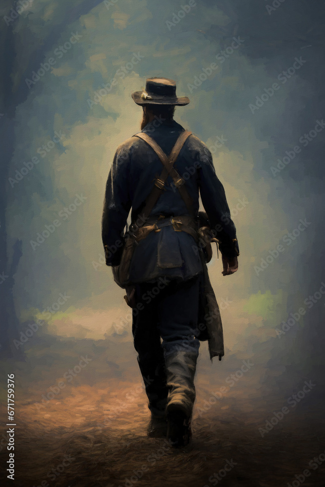 Civil war soldier illustration. Painted. Oil Painting on canvas texture. soldier in uniform