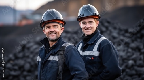 Two mine workers wearing hardhats standing in a mine