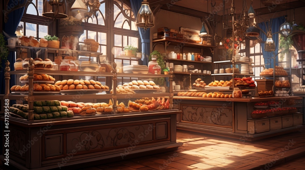 A local bakery suffused with the aroma of fresh bread, showcasing wooden shelves laden with pastries and cakes.