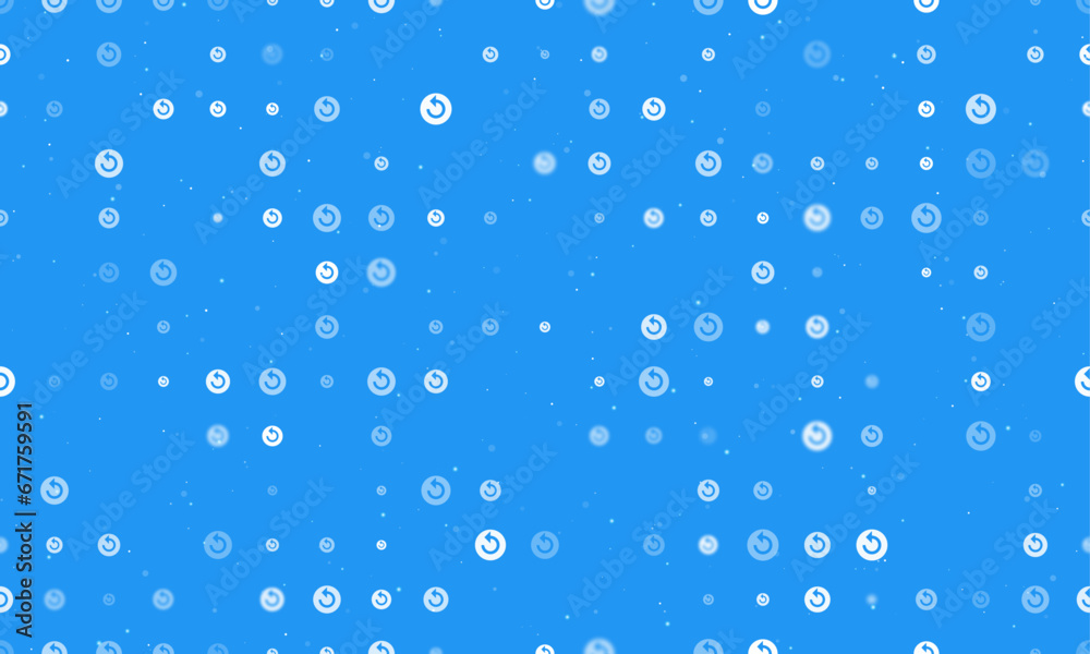 Seamless background pattern of evenly spaced white replay media symbols of different sizes and opacity. Vector illustration on blue background with stars